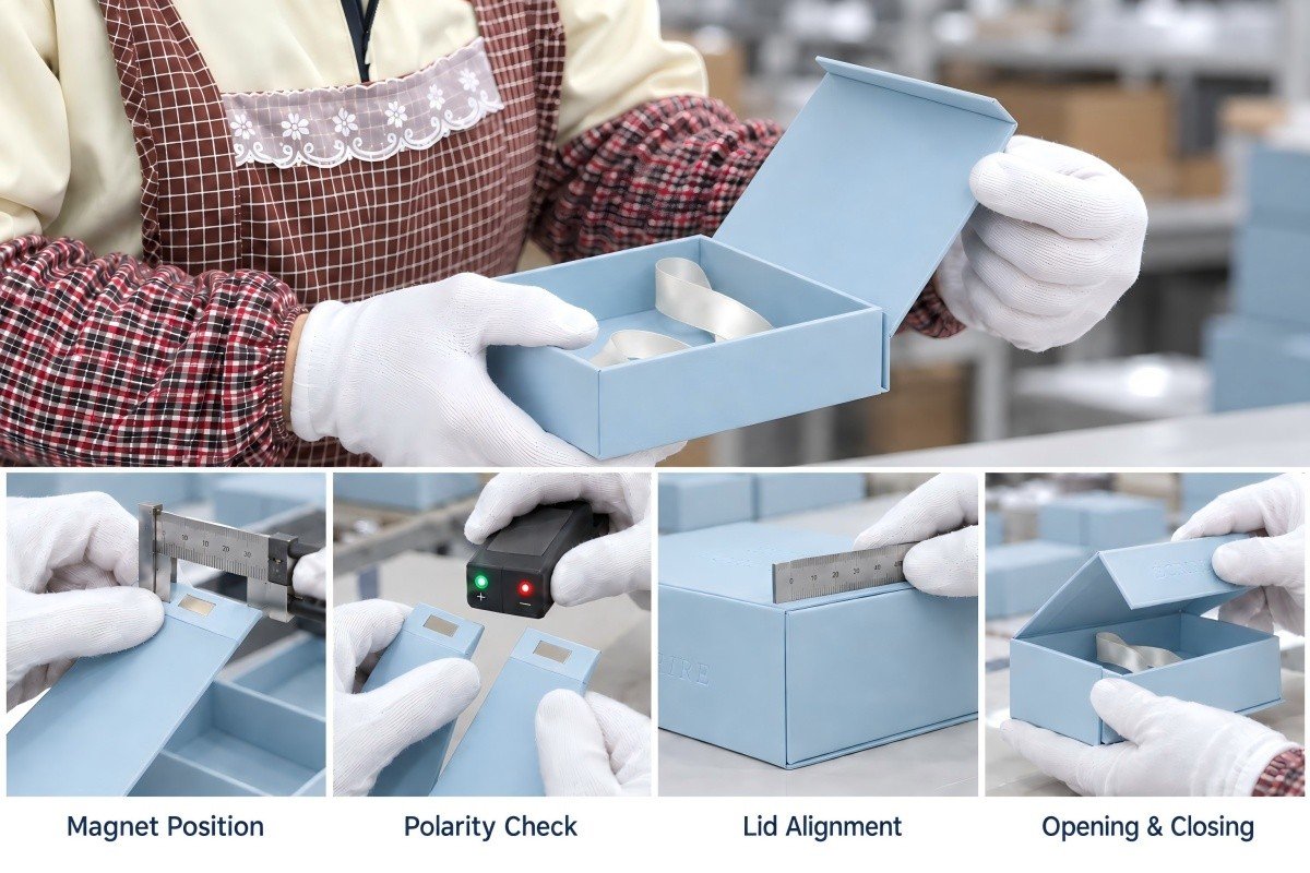 Quality inspection of magnet positioning closure alignment and opening on magnetic rigid boxes