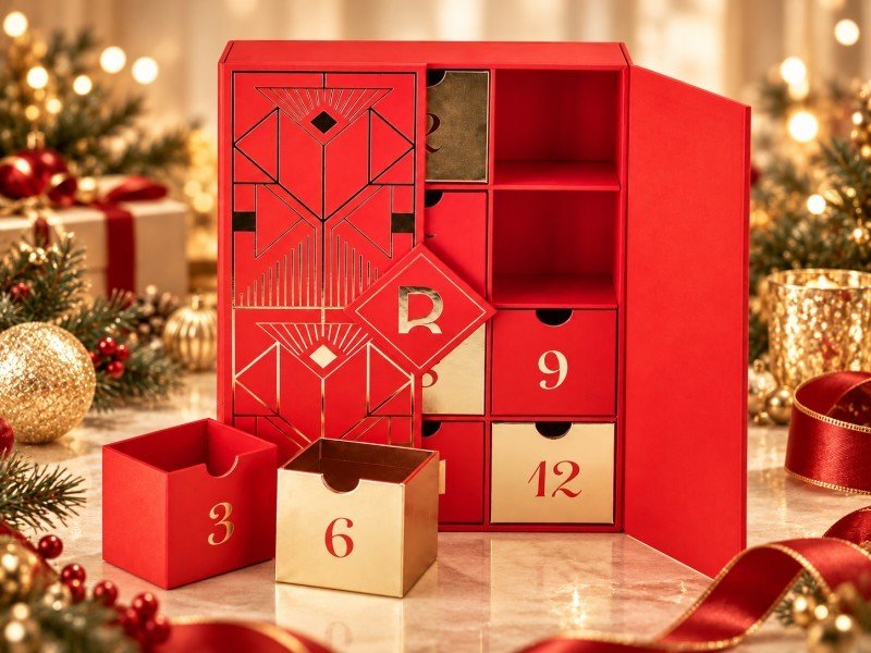 Custom double-door advent calendar box with magnetic closure and numbered compartments