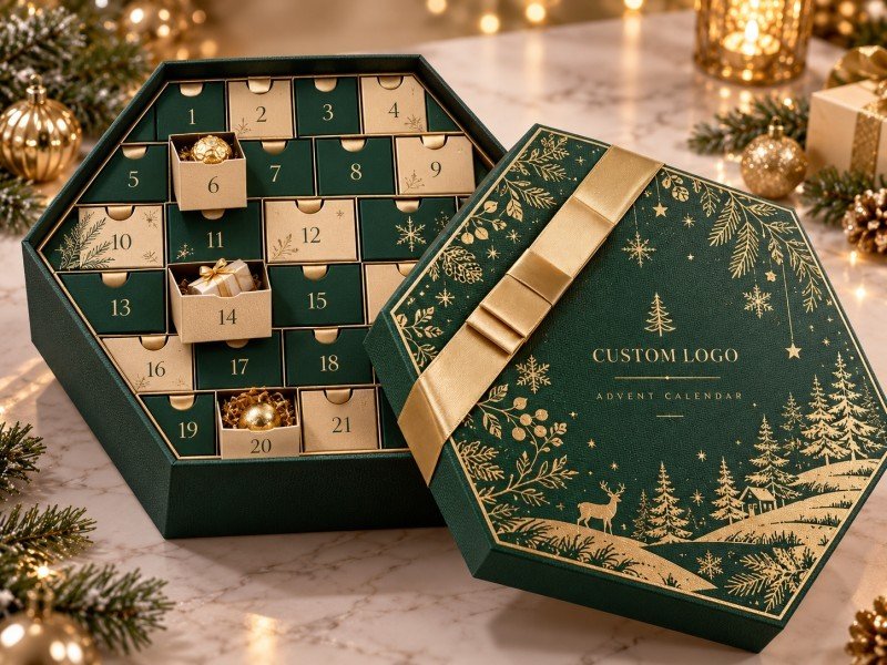 Lid-and-base advent calendar gift box with custom paperboard compartment dividers