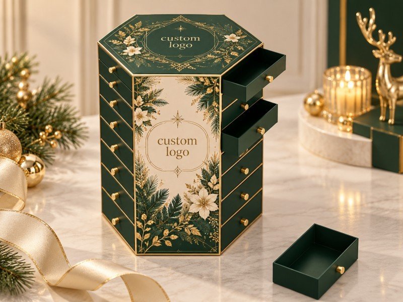 Custom drawer-style advent calendar packaging with individual pull-out drawers