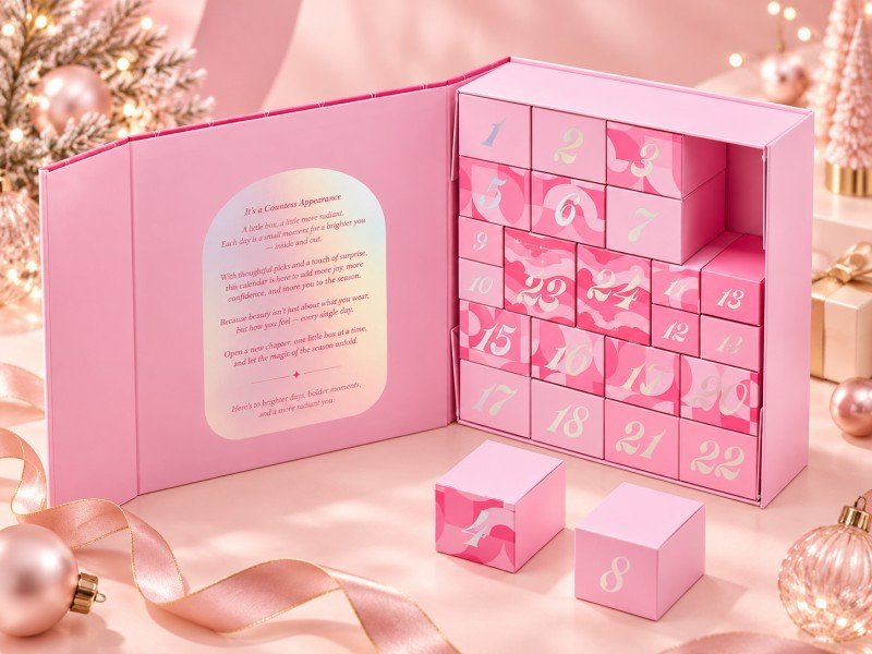 Folding paperboard advent calendar packaging with numbered opening doors