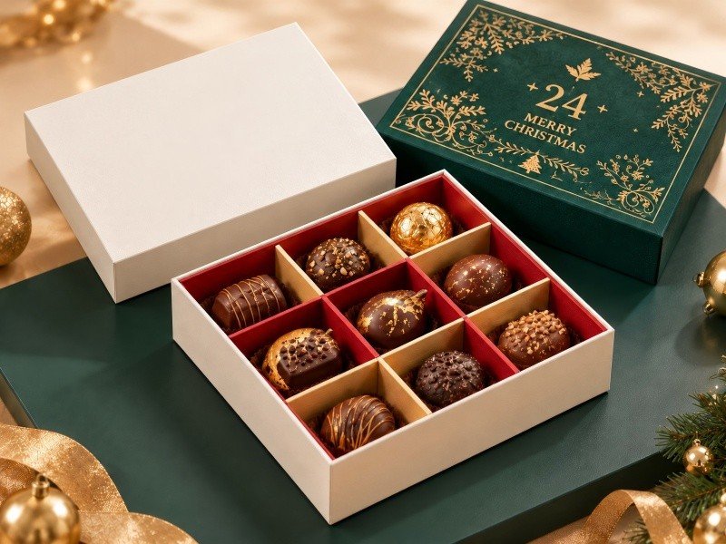 Custom chocolate advent calendar box with interlocking paperboard dividers
